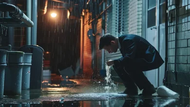 Man in a business suit crouches in a dim alley, splashing water from a puddle under a streetlamp in the rain.